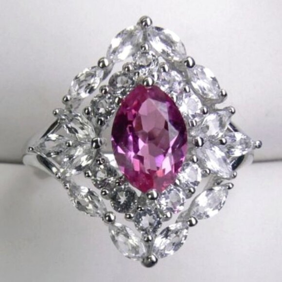 3.20CT Pink Sapphire & White Topaz SILVER Ring 7 - Picture 2 of 8